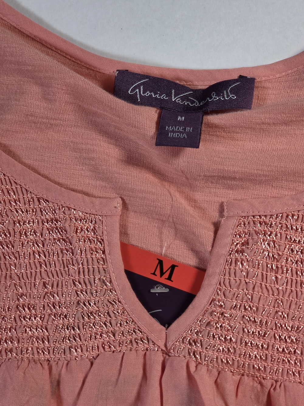 Gloria Vanderbilt Womens M Coral Peasant Tunic Top Embroidered Roll Tab Sleeve - Picture 5 of 11